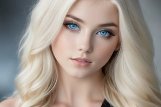 23yo teen model women ,platinum blonde long hair women, detailed face, amazing blue eyes, photorealistic, detailed eyes,light shadowing, black eyeliner, blurred background