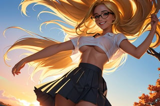 (best quality, masterpiece, perfect face, beautiful and aesthetic:1.2, colorful, dynamic angle, highest detailed face), 1girl, long straight blonde hair, big glasses, black rimmed glasses, happy smile,(wind blow up skirt, no underwear, no panties), (beautiful detailed breasts, topless, exposed breasts), micro mini pleated skirt, sunset, fall colors, beautiful trees, nature, flowers, windy, hair flowing in the wind, sun shinning through hair, high contrast, (official art, extreme detailed, highest detailed, natural skin texture, hyperrealism, soft light, sharp, perfect face)
,crop shirt underboob,
