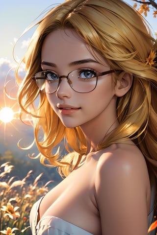 (best quality, masterpiece, perfect face, beautiful and aesthetic:1.2, colorful, dynamic angle, highest detailed face), 1girl, long straight blonde hair, big glasses, black rimmed glasses, happy smile,(wind blow up skirt, no underwear, no panties), (beautiful detailed breasts, topless, exposed breasts), micro mini pleated skirt, sunset, fall colors, beautiful trees, nature, flowers, windy, hair flowing in the wind, sun shinning through hair, high contrast, (official art, extreme detailed, highest detailed, natural skin texture, hyperrealism, soft light, sharp, perfect face)
,crop shirt underboob,
,Detailedface