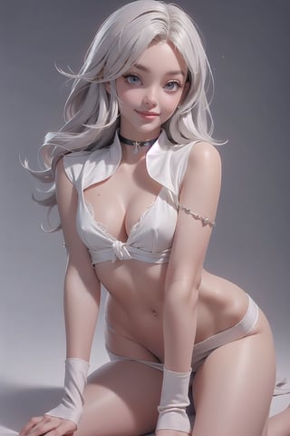 smiling, gray eye color, 2girls, pov, naked, choker, heavy black eyeliner, medium perky firm breasts, white sheer skimpy top tied in front barely covering breasts, extremely detailed, masterpiece, best quality, 

