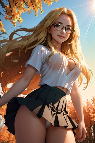 (best quality, masterpiece, perfect face, beautiful and aesthetic:1.2, colorful, dynamic angle, highest detailed face), 1girl, long straight blonde hair, big glasses, black rimmed glasses, happy smile,(wind blow up skirt, no underwear, no panties), (beautiful detailed breasts, topless, exposed breasts), micro mini pleated skirt, sunset, fall colors, beautiful trees, nature, flowers, windy, hair flowing in the wind, sun shinning through hair, high contrast, (official art, extreme detailed, highest detailed, natural skin texture, hyperrealism, soft light, sharp, perfect face)
,crop shirt underboob,
,Detailedface