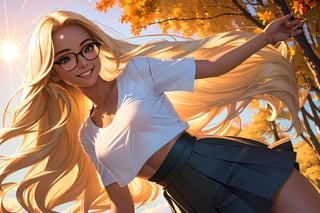 (best quality, masterpiece, perfect face, beautiful and aesthetic:1.2, colorful, dynamic angle, highest detailed face), 1girl, long straight blonde hair, big glasses, black rimmed glasses, happy smile,(wind blow up skirt, no underwear, no panties), (beautiful detailed breasts, topless, exposed breasts), micro mini pleated skirt, sunset, fall colors, beautiful trees, nature, flowers, windy, hair flowing in the wind, sun shinning through hair, high contrast, (official art, extreme detailed, highest detailed, natural skin texture, hyperrealism, soft light, sharp, perfect face)
,crop shirt underboob,
