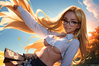 (best quality, masterpiece, perfect face, beautiful and aesthetic:1.2, colorful, dynamic angle, highest detailed face), 1girl, long straight blonde hair, big glasses, black rimmed glasses, happy smile,(wind blow up skirt, no underwear, no panties), (beautiful detailed breasts, topless, exposed breasts), micro mini pleated skirt, sunset, fall colors, beautiful trees, nature, flowers, windy, hair flowing in the wind, sun shinning through hair, high contrast, (official art, extreme detailed, highest detailed, natural skin texture, hyperrealism, soft light, sharp, perfect face)
,crop shirt underboob,
