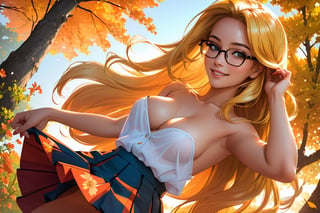 (best quality, masterpiece, perfect face, beautiful and aesthetic:1.2, colorful, dynamic angle, highest detailed face), (beautiful detailed breasts, topless, exposed breasts), 1girl, long straight blonde hair, big glasses, black rimmed glasses, happy smile,(wind blow up skirt, holding skirt up, no underwear, no panties), , micro mini pleated skirt, sunset, fall colors, beautiful trees, nature, flowers, windy, hair flowing in the wind, sun shinning through hair, high contrast, (official art, extreme detailed, highest detailed, natural skin texture, hyperrealism, soft light, sharp, perfect face)

