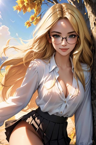 (best quality, masterpiece, perfect face, beautiful and aesthetic:1.2, colorful, dynamic angle, highest detailed face), 1girl, long straight blonde hair, big glasses, black rimmed glasses, happy smile,(wind blow up skirt, no underwear, no panties), (beautiful detailed breasts, topless, exposed breasts), micro mini pleated skirt, sunset, fall colors, beautiful trees, nature, flowers, windy, hair flowing in the wind, sun shinning through hair, high contrast, (official art, extreme detailed, highest detailed, natural skin texture, hyperrealism, soft light, sharp, perfect face)
,crop shirt underboob,
,Detailedface