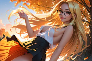 (best quality, masterpiece, perfect face, beautiful and aesthetic:1.2, colorful, dynamic angle, highest detailed face), (beautiful detailed breasts, topless, exposed breasts), 1girl, long straight blonde hair, big glasses, black rimmed glasses, happy smile,(wind blow up skirt, holding skirt up, no underwear, no panties), , micro mini pleated skirt, sunset, fall colors, beautiful trees, nature, flowers, windy, hair flowing in the wind, sun shinning through hair, high contrast, (official art, extreme detailed, highest detailed, natural skin texture, hyperrealism, soft light, sharp, perfect face)

