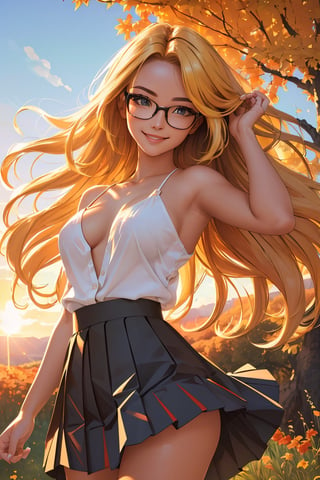 (best quality, masterpiece, perfect face, beautiful and aesthetic:1.2, colorful, dynamic angle, highest detailed face), (beautiful detailed breasts, topless, exposed breasts), 1girl, long straight blonde hair, big glasses, black rimmed glasses, happy smile,(wind blow up skirt, holding skirt up, no underwear, no panties), , micro mini pleated skirt, sunset, fall colors, beautiful trees, nature, flowers, windy, hair flowing in the wind, sun shinning through hair, high contrast, (official art, extreme detailed, highest detailed, natural skin texture, hyperrealism, soft light, sharp, perfect face)

