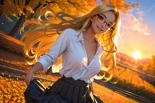 (best quality, masterpiece, perfect face, beautiful and aesthetic:1.2, colorful, dynamic angle, highest detailed face), (beautiful detailed breasts, topless, exposed breasts), 1girl, long straight blonde hair, big glasses, black rimmed glasses, happy smile,(wind blow up skirt, holding skirt up, no underwear, no panties), , micro mini pleated skirt, sunset, fall colors, beautiful trees, nature, flowers, windy, hair flowing in the wind, sun shinning through hair, high contrast, (official art, extreme detailed, highest detailed, natural skin texture, hyperrealism, soft light, sharp, perfect face)

