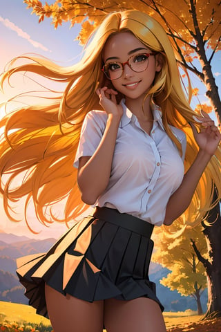 (best quality, masterpiece, perfect face, beautiful and aesthetic:1.2, colorful, dynamic angle, highest detailed face), (beautiful detailed breasts, topless, exposed breasts), 1girl, long straight blonde hair, big glasses, black rimmed glasses, happy smile,(wind blow up skirt, holding skirt up, no underwear, no panties), , micro mini pleated skirt, sunset, fall colors, beautiful trees, nature, flowers, windy, hair flowing in the wind, sun shinning through hair, high contrast, (official art, extreme detailed, highest detailed, natural skin texture, hyperrealism, soft light, sharp, perfect face)

