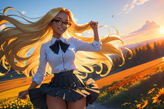 (best quality, masterpiece, perfect face, beautiful and aesthetic:1.2, colorful, dynamic angle, highest detailed face), 1girl, long straight blonde hair, big glasses, black rimmed glasses, happy smile,(wind blow up skirt, holding skirt up, no underwear, no panties), (beautiful detailed breasts, topless, exposed breasts), micro mini pleated skirt, sunset, fall colors, beautiful trees, nature, flowers, windy, hair flowing in the wind, sun shinning through hair, high contrast, (official art, extreme detailed, highest detailed, natural skin texture, hyperrealism, soft light, sharp, perfect face)

