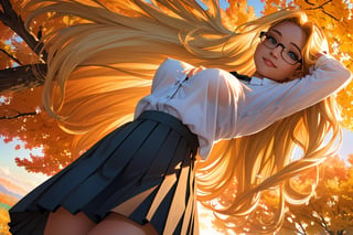 (best quality, masterpiece, perfect face, beautiful and aesthetic:1.2, colorful, dynamic angle, highest detailed face), (beautiful detailed breasts, topless, exposed breasts), 1girl, long straight blonde hair, big glasses, black rimmed glasses, happy smile,(wind blow up skirt, holding skirt up, no underwear, no panties), , micro mini pleated skirt, sunset, fall colors, beautiful trees, nature, flowers, windy, hair flowing in the wind, sun shinning through hair, high contrast, (official art, extreme detailed, highest detailed, natural skin texture, hyperrealism, soft light, sharp, perfect face)

