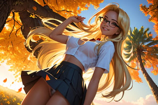 (best quality, masterpiece, perfect face, beautiful and aesthetic:1.2, colorful, dynamic angle, highest detailed face), 1girl, long straight blonde hair, big glasses, black rimmed glasses, happy smile,(wind blow up skirt, no underwear, no panties), (beautiful detailed breasts, topless, exposed breasts), micro mini pleated skirt, sunset, fall colors, beautiful trees, nature, flowers, windy, hair flowing in the wind, sun shinning through hair, high contrast, (official art, extreme detailed, highest detailed, natural skin texture, hyperrealism, soft light, sharp, perfect face)
,crop shirt underboob,
