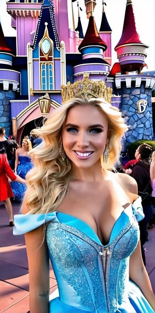 A GoPro  hiperalistic shot captures a rebellious blonde girl with beautiful,Cinderella Costume, curly hair, blue eyes, and an upturned nose posing  at Disneyland's attractions.