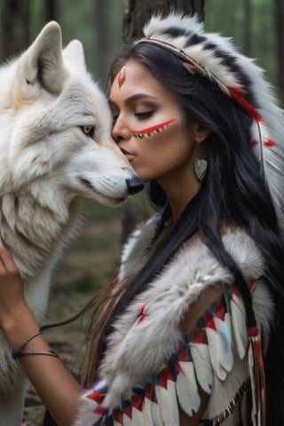 close up Native american tribal art young female fasionmodel in a spooky fantasy forestfire kissing the nose of a white wolve