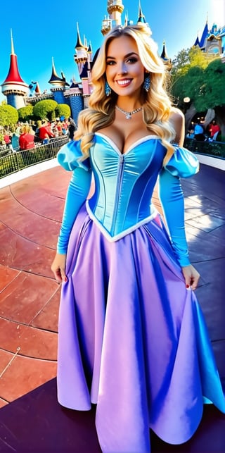 A GoPro  hiperalistic shot captures a rebellious blonde girl with beautiful,Cinderella Costume, curly hair, blue eyes, and an upturned nose posing  at Disneyland's attractions.