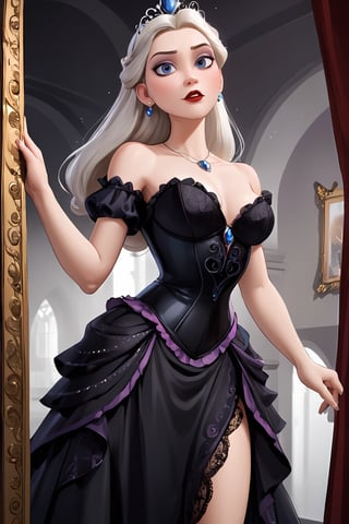 A pale gothic goddess, the focal point of this extraordinary painting, captivates with her ethereal beauty and darkness. With porcelain-like skin and hauntingly deep eyes, she emanates an aura of mystery and allure. Dressed in an exquisite flowing gown adorned with intricate lace, she seems both elegant and otherworldly. The expert brushstrokes and meticulous attention to detail bring the image to life, showcasing the artist's incredible talent. This remarkable artwork exudes a sense of haunting enchantment, drawing viewers into the enigmatic world of the gothic goddess.,disney pixar style