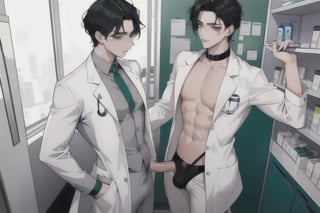 two sexy men horny doctors in the hospital 20 years old, black hair, short and slightly wavy. Green eyes. Pale Skin, Thin and athletic build, with very marked muscles, large penis, with precum and large testicles, large nipples scene: two sweaty doctors and hard and hot anal penetration in a medicine store, detailed background, high resolution