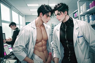 two sexy men horny doctors in the hospital 20 years old, black hair, short and slightly wavy. Green eyes. Pale Skin, Thin and athletic build, with very marked muscles, large penis, with precum and large testicles, large nipples scene: two sweaty doctors and hard and hot anal penetration in a medicine store, detailed background, high resolution