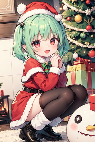 loli:1.3,slim body,(green hair:1.2), ahoge,,twintails:1.3, red eyes, elf,masterpiece, best quality, highly detailed,
 squatting,knees together,dynamic angle,from beside,

 short christmas dress,chrismas hat,white thighhigh,boots,

full blush,blush,laugh,:D,heart-shaped_pupils,

indoor,christmas,Christmas tree,gift box,carpet,snowman:1.2,melting snowman,fireplace,