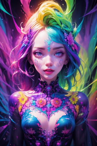 (dripping:1.3, psychedelic, colorful, drawing of a woman with random features in cartoon style), beautiful face, detailed face, sexy, acid style, colorful psychedelic background, (fractal art:1.5) , reflections, upper body shots, hands with accurate anatomy, clean hands,GdClth,High detailed 