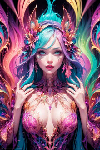 (dripping:1.3, psychedelic, colorful, drawing of a woman with random features in cartoon style), beautiful face, detailed face, sexy, acid style, colorful psychedelic background, (fractal art:1.5) , reflections, upper body shots, hands with accurate anatomy, clean hands,GdClth