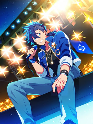 Masterpiece, best quality, amazing quality, best aesthetic, amazing quality, male focus, oshi_no_ko_style, concert, idol, blue theme, on the stage, bara, blue hair, long hair, ponytail, blue eyes, holding mic, cool grin, looking at viewer, blue punk jacket, black shirt, necklace, wristband, blue punk jeans, idol punk costume, from below