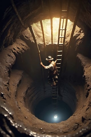 asian man inside a dark deep large pit hole on the ground, ladder, exploring, underground, steampunk, filipino, philippines, treasure hunter, indiana jones, realistic, HD, detailed, top view