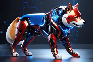 an animal-type cyber-style robotic shiba inu dog:

"Imagine an animal-type cyber-style robotic shiba inu dog with a sleek, red and white metallic body that gleams with a pristine sheen. From within its powerful frame, a radiant, mesmerizing blue light emanates, creating a captivating spectacle.

This blue light serves as a powerful and striking contrast against the dog's black metallic exterior, accentuating its cybernetic features and exuding an aura of futuristic allure. The dog's form embodies both strength and cutting-edge design.

Now, create an image that vividly captures the essence of this animal-type robotic tiger, showcasing its futuristic allure and undeniable power. The image should transport viewers to a world where technology and nature seamlessly merge, giving rise to this extraordinary creation."