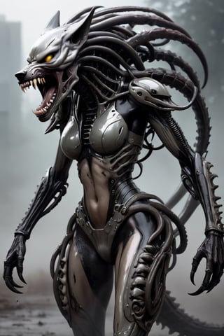 human female warrior wolf hybrid predator creature made from liquid metal, xenomorph, tentacles, fearsome, long sharp teeth, stalking you on a futuristic battlefield, fog,girl