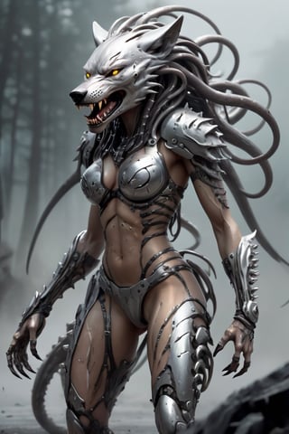 human female warrior wolf hybrid predator creature made from liquid metal, tentacles, fearsome, long sharp teeth, stalking you on a futuristic battlefield, fog,girl