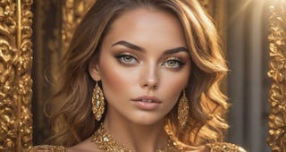 hot sexy female, pefect face, super realism, photo real, ornate gold background, outdoor lighting, glamour shot, make-up
