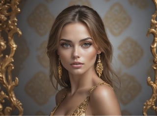 hot sexy female, pefect face, super realism, photo real, ornate gold background, outdoor lighting, glamour shot, make-up
