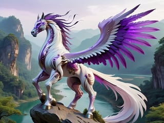 eagle horse creature, long flowing feathered horse main and tail, standing regal on top of a rock overlooking a lush oriental fantasy valley below with a river, large spread eastern dragon wings, white body, luminous purple feathers,futuristic