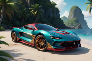 a super exotic luxury 2-door sports car shaped after captain marvel, tropical island background, exterior shot, ultra details, 4k, ultra realism