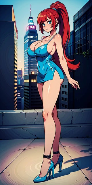 Female character, red hair, large cleavage, ((huge breasts)), standing in the middle of the street, looking at the viewer, large buildings in the background, sexy, high definition, prominent lighting, contrasting with the bright colors of the painting, (( blue short dress)), ((blue high heels)), long legs, long hair, ponytail, double tail hair, bright blue eyes, highly detailed, octane rendering, heavy strokes, bristle marks, soft colors, fit girl, sexy legs, full view, ((full body)),