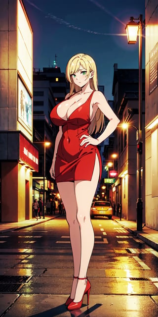 Female character, blonde hair, big cleavage, ((huge breasts)), standing in the middle of the street, looking at the viewer, large buildings in the background, sexy, high definition, prominent lighting, contrasting with the bright colors of the painting, (( red short dress)), ((red high heels)), long legs, long hair, bright green eyes, highly detailed, octane rendering, heavy strokes, bristle marks, soft colors, fit girl, sexy legs, full view, ((full body ))