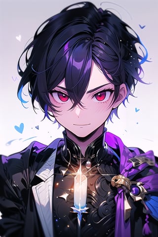 1male, men, dark purple hair, red eyes, sharp,  arrogant, arrogant smile, wearing stylish clothes, fantasy detailed background, detailed body, detailed face, detailed eyes