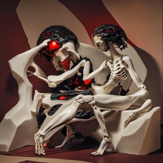   , A smooth white porcelain woman merged with black demonic skeletal cybernetic augments made of carved stone merged with red subsurface scattering wing tissue, soft marble skin embraced by black stone living armor, biopunk cyberpunk princesscore, strong silhouette, high contrast, soft color, studio lighting, symmetrical,biopunk style,biopunk