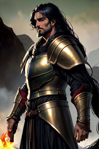 male, human, long black hair, right eyepatch, beard, green eyes, tall, beefy, armor, burn scar face right side