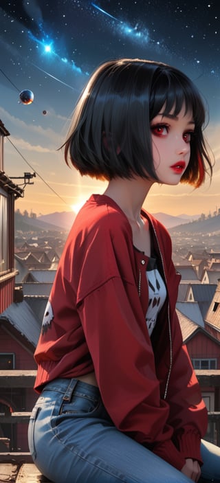  PORTRAIT OF Vampy, is a 11 years-old vampire girl. She has ((((SHORT HAIR, black hair, bob haircut)))) and BIG red eyes. She is gothic. dark clothes, (((LONG T-shirt, jeans and jacket))). Ultra-high detail, detailed starry sky. all rendered in the distinctive styles of artists Craola, Dan Mumford, Andy Kehoe and Luis Royo. ((((( gloomy. detailed face, side view. Vampy SITTING on the roof of the highest dome in the town of Monsterville, overlooking the Monsterville skyline., panoramic view of the camera, detailed night sky 2/3 frame, UHD, 8K, studio lighting, perfect composition, perfect lighting. Ultra-high detail,)))(((LEAVE SPACE AT THE TOP))) (((LEAVE SPACE AT THE TOP)))