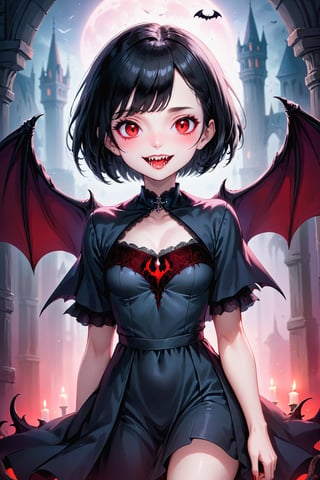 best quality, 8K, highres, masterpiece), ultra-detailed, (fantasy creature, vivid colors), with closed lips and a cute, enchanting smile. Imagine a cinematic photograph reminiscent of the artistry of Mathias Goeritz (0.9 similarity), capturing a  Vampy: She is a 13 year old vampire girl. (((little fangs))). She has ((((short black hair)))) (((bob haircut))) and RED eyes. She is gothic. dark costume.