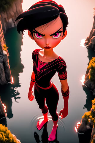 red cartoon character. Vampy is ((13 years old))) and is a vampire girl. She has ((((short black hair, (((bob haircut)))) and red eyes. (pink skin). She is gothic. modern dark costume. pants.
(((Vampy, bare feet, standing, lake,  view from above) masterpiece, best quality, high resolution, newest, very aesthetic, General)))
Ultra-high detail, All styles of Craola artists. Dan Mumford, Andy Kehoe and Luis Royo, with a double exposure effect on cracked paper texture and vibrant colors,Anime ,3d toon style