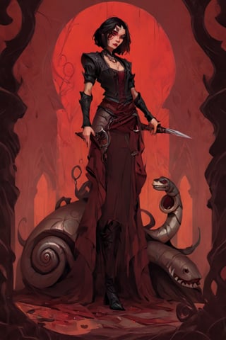  red cartoon character, digital painting,. Vampy is 15 years old and is a vampire girl. (((little fangs))). She has ((((short black hair, bob haircut)))), and ¡red eyes!. She is very gothic. black clothes. (standing on a giant snail).
All  styles of artists Dan Mumford, Andy Kehoe and Luis Royo, featuring a double exposure effect on the texture of cracked paper,  and vibrant colors.