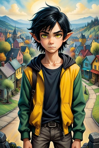  Jimmy is 15 years old boy . He has black hair and yellow eyes. He has pointed ears almost like an elf. He has only one pair of ears. He doesn't have ears on his head. ((( jacket, LONG T-shirt and pants))) ((( The center of an image should be Jimmy as the main character. The view of the town of Monsterville is the landscape of the image. Jimmy standing on the hill. Fantasy style, vibrant colors, soft palette, painted watercolor, true work of art, painted world.   ))). Gloomy Art by Andy Kehoe, luis royo, Esao Andrews, Umberto Boccioni.