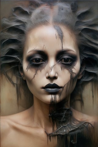 Scumbling painting of a woman with black makeup on her face, no eyes, roughly painted skin, messy paint strokes, by Bastien L. Deharme, gothic art, style of Ashley Wood, bronze and black metal, Sakimichan Frank Franzzeta, beautiful portrait of a hopeless, Ruan Jia and Joao Ruas, watercolors and oil on canvas