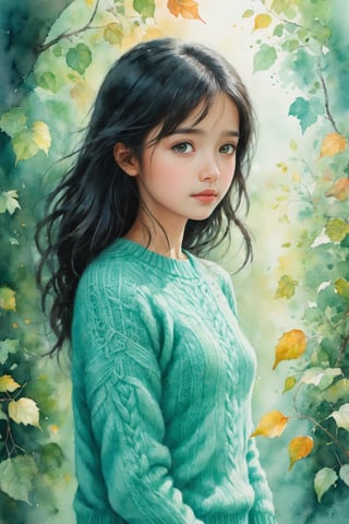 a watercolor painting of a young girl,blackhair,cute,cable knit sweater aqua green,concept art,shutterstock contest winner,white bg,autumn overgrowth,alexey egorov,profile picture,highly detailed -,🍁 cute,rob mcnaughton,degradation,album art,bags under eyes