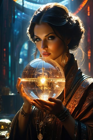 wide angel, beautiful girl, fortune teller, transparent Crystal Globe, perfect eyes, perfect eyes, highly detailed, intricate, cinematic high contrast lighting, sharp focus, DSLR photo, hyperrealistic, realistic fingers, sharp focus, emitting diodes, smoke, artillery, sparks, racks, system unit, motherboard, by pascal blanche rutkowski repin artstation hyperrealism painting concept art of detailed character design matte painting, 4 k resolution blade runner