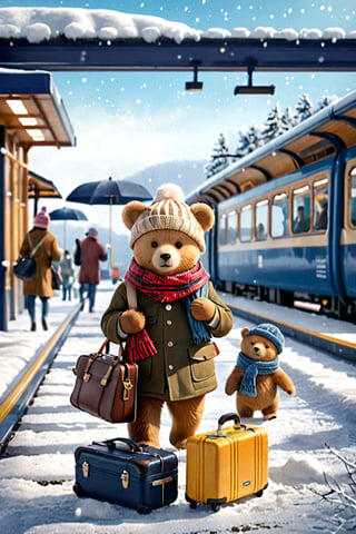 masterpiece, (photorealistic:1.4), 2 bears, walking, realistic, hat, ((holding)), standing, bag, scarf, blurry, coat, no humans, depth of field, blurry background, animal, bea walking, realistic, beanie, winter clothes, ((UK style clothes)), animal focus, suitcase, clothed animal, falling_snow, at train station,