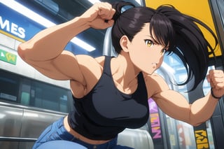 sharp eyes, boots, black tank top, medium breasts, subway background, metro background, matte color, anime, masterpiece, solo, best quality, high resolution, detailed face, 1girl, high ponytail, black hair, long hair, slim muscular body, fighting stance, yellow eyes, blue jeans, scratching, 