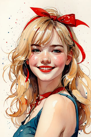 (by Conrad Roset), (1950s, 15-year-old girl, cute smile, long hair, blonde, red ribbon, wink), light watercolor, sketch, (intentionally beautiful),